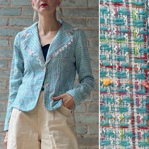 Vintage Tweed Blazer 90s Y2K Aqua Blue Pastel Fringe Collar Fitted Jacket small